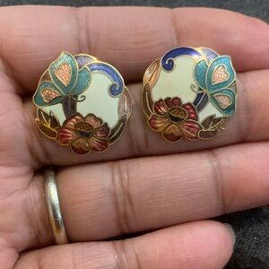 Vintage Cloisonné Butterfly and Floral Earrings